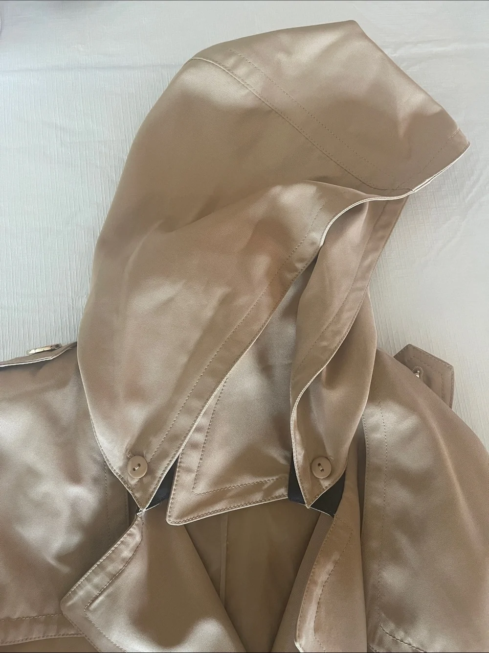 BGSD Classic Beige Trench Coat with Black Contrast Cuffs and Hood NWOT Size XL